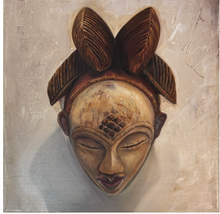 Load image into Gallery viewer, Wooden mask with intricate details on a textured beige background
