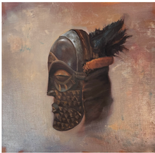 Load image into Gallery viewer, African mask with feathers on a textured brown background
