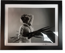 Load image into Gallery viewer, Framed black and white photograph of a person wearing a mask and holding feathers.
